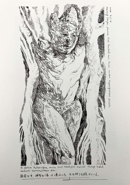 In the silence, the sacred statue continues to pray even though it is broken.